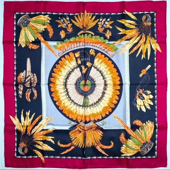 Hermes Scarf BRAZIL by Laurence Bourthoumieux Silk 90 cm Red Black